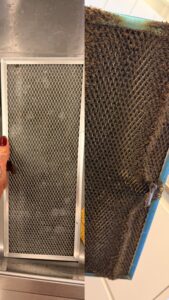 Dampkapfilter voor en na professionele ontvetting door Zoe’s Improvement